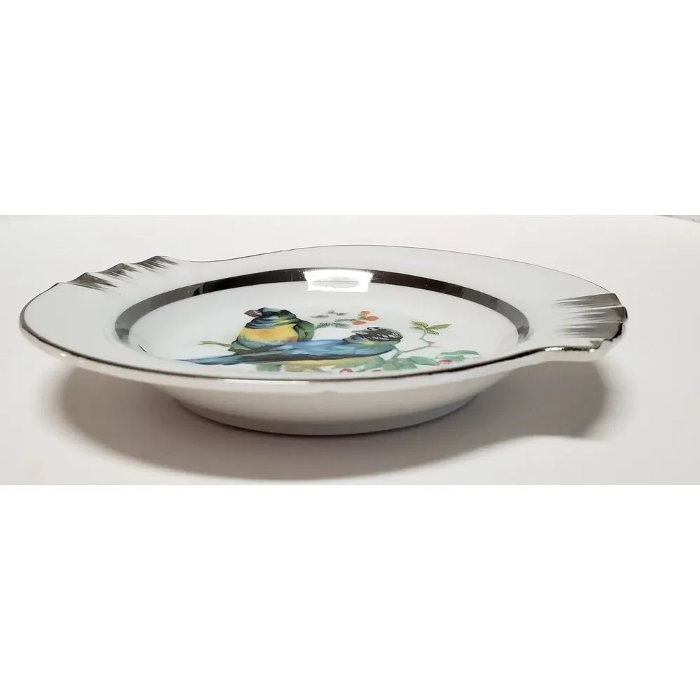 Norleans Ashtray Parrot Bird Japan Hand Paint Dish Ring Hold Porcelain Bl/Grn/Yl